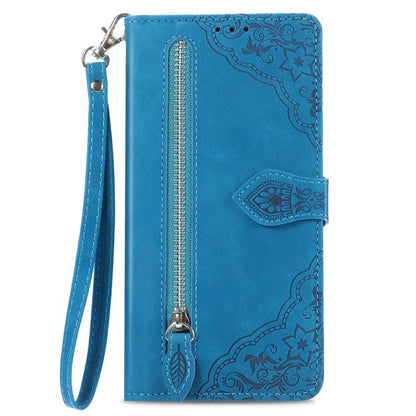 For iPhone 16e Embossed Flower Zipper Leather Phone Case(Blue) by bashfashion