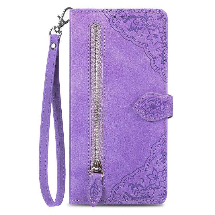 For iPhone 16e Embossed Flower Zipper Leather Phone Case(Purple) by bashfashion