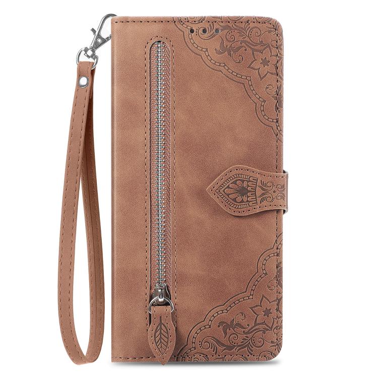 For iPhone 16e Embossed Flower Zipper Leather Phone Case(Brown) by bashfashion