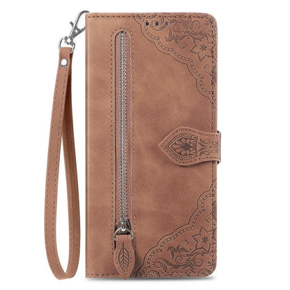 For iPhone 16e Embossed Flower Zipper Leather Phone Case(Brown) by bashfashion