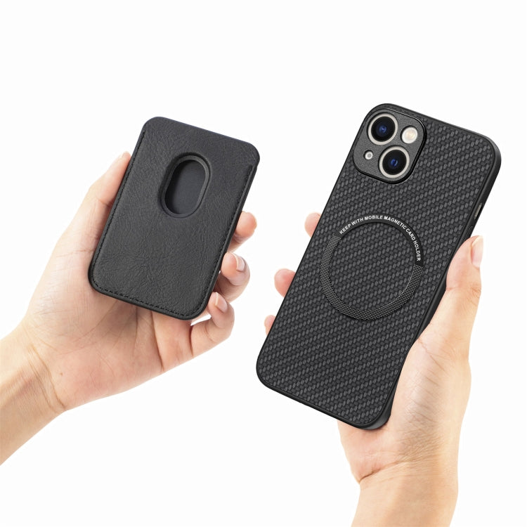 For iPhone 15 Carbon Fiber Leather Card Magsafe Phone Case(Black) by bashfashion