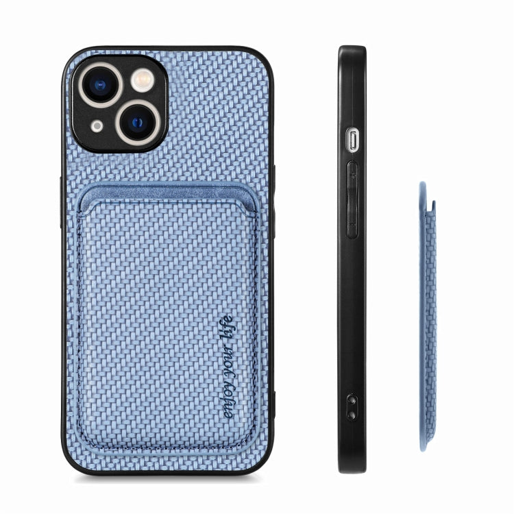 For iPhone 15 Carbon Fiber Leather Card Magsafe Phone Case(Blue) by bashfashion