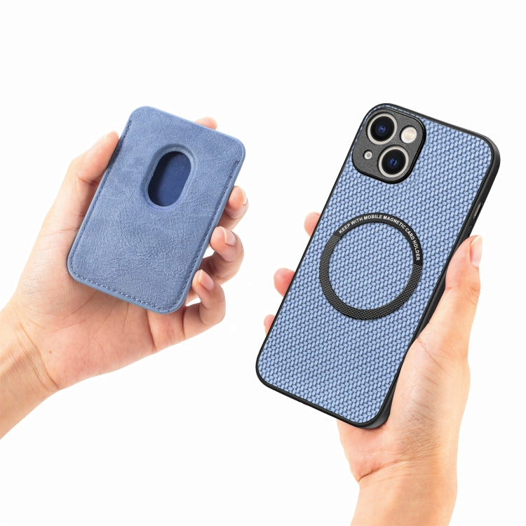 For iPhone 15 Carbon Fiber Leather Card Magsafe Phone Case(Blue) by bashfashion