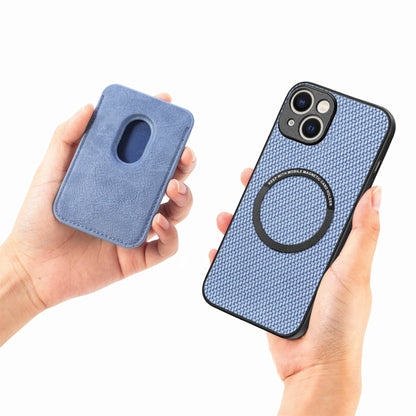 For iPhone 15 Carbon Fiber Leather Card Magsafe Phone Case(Blue) by bashfashion