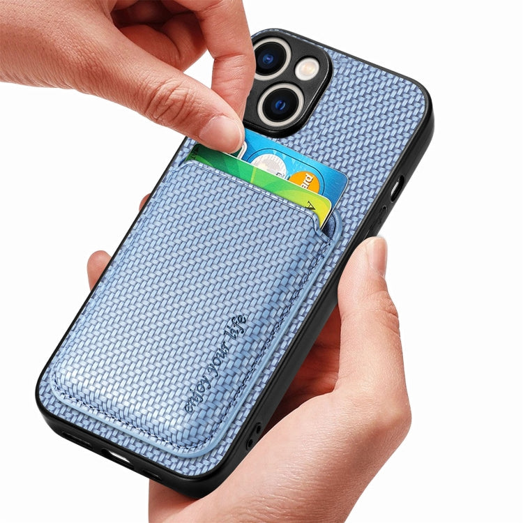 For iPhone 15 Carbon Fiber Leather Card Magsafe Phone Case(Blue) by bashfashion