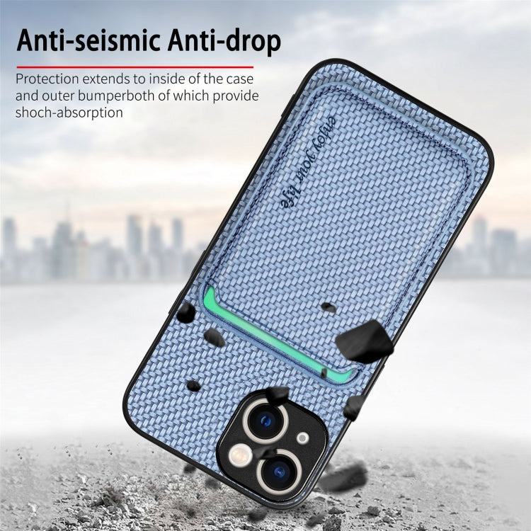 For iPhone 15 Carbon Fiber Leather Card Magsafe Phone Case(Blue) by bashfashion