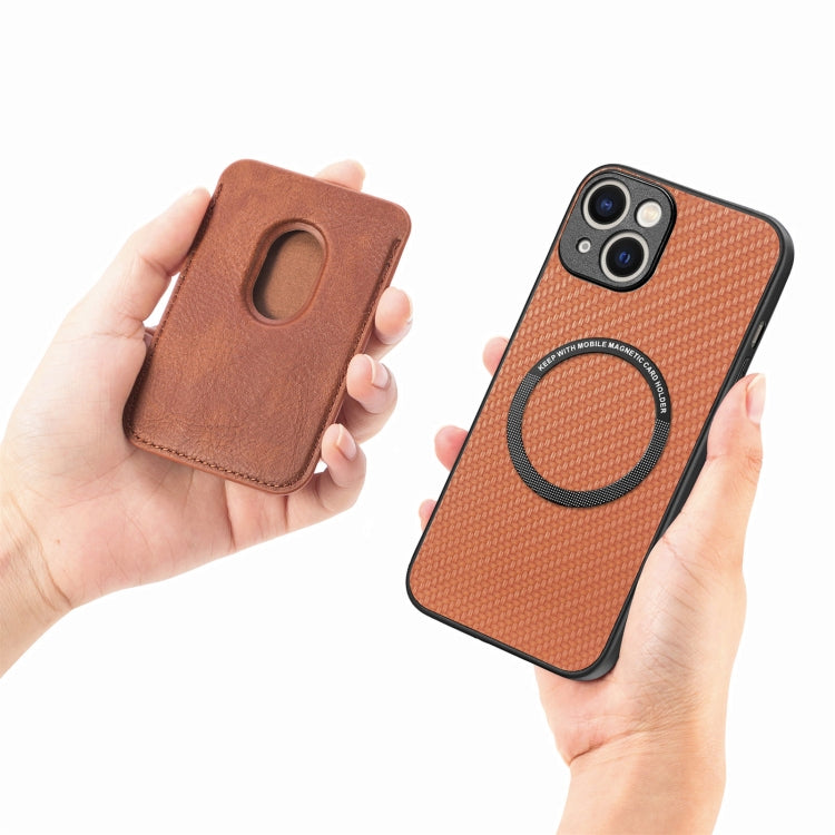 For iPhone 15 Carbon Fiber Leather Card Magsafe Phone Case(Brown) by bashfashion