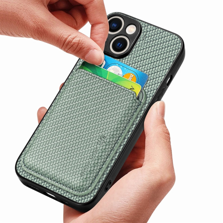 For iPhone 15 Carbon Fiber Leather Card Magsafe Phone Case(Green) by bashfashion