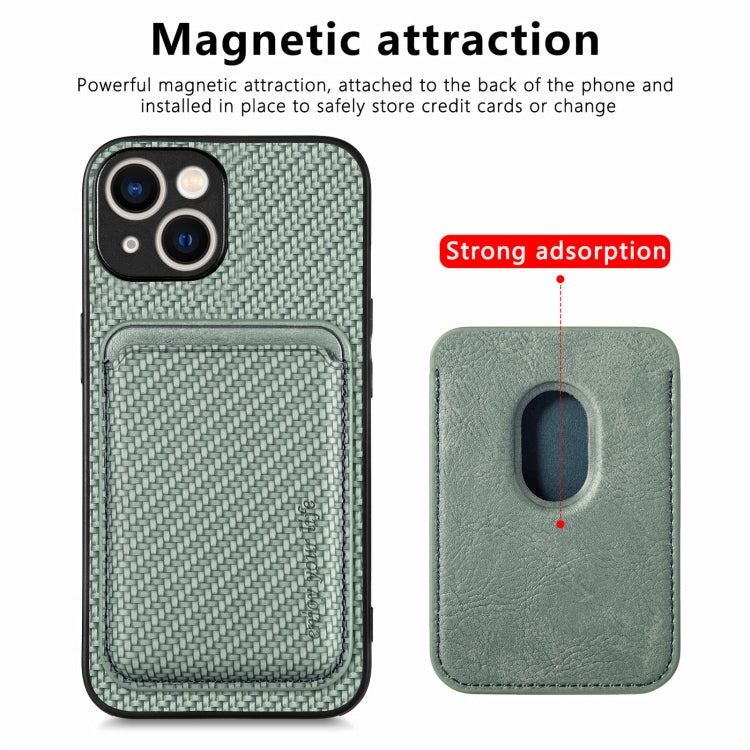 For iPhone 15 Carbon Fiber Leather Card Magsafe Phone Case(Green) by bashfashion