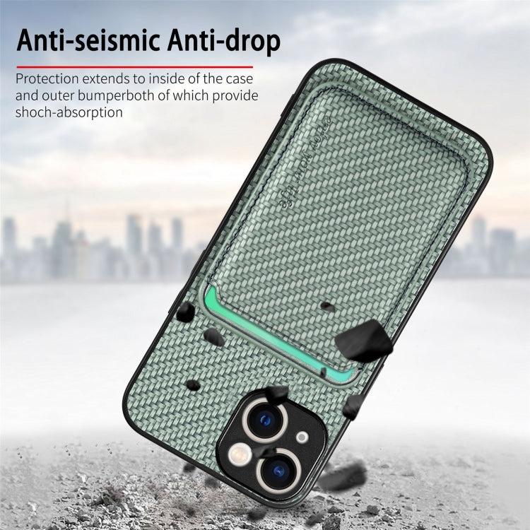 For iPhone 15 Carbon Fiber Leather Card Magsafe Phone Case(Green) by bashfashion
