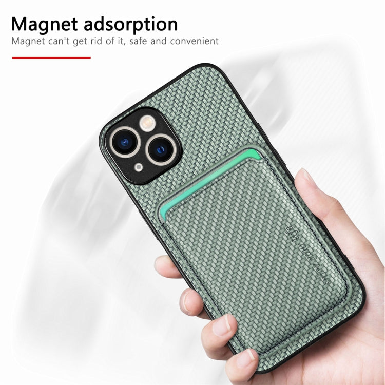 For iPhone 15 Carbon Fiber Leather Card Magsafe Phone Case(Green) by bashfashion