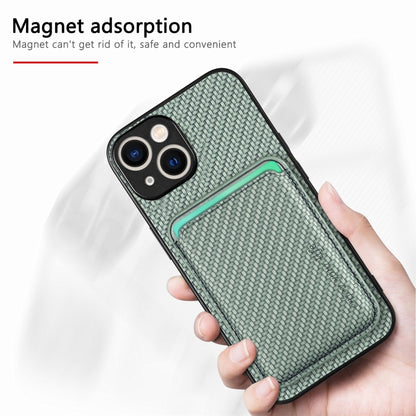 For iPhone 15 Carbon Fiber Leather Card Magsafe Phone Case(Green) by bashfashion