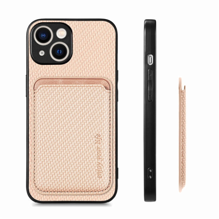 For iPhone 15 Carbon Fiber Leather Card Magsafe Phone Case(Khaki) by bashfashion