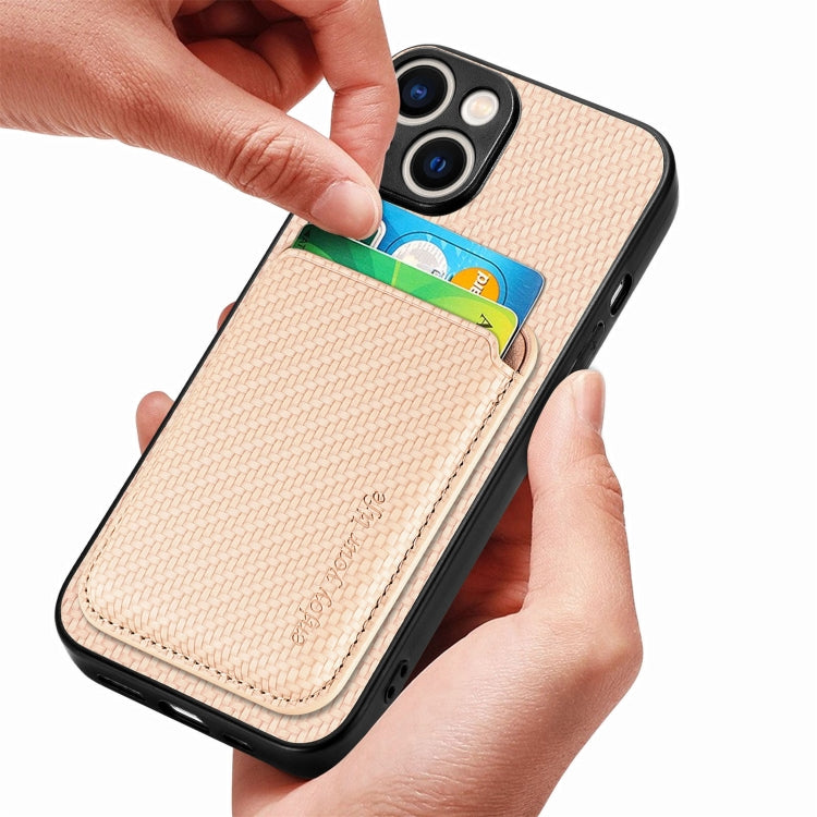 For iPhone 15 Carbon Fiber Leather Card Magsafe Phone Case(Khaki) by bashfashion