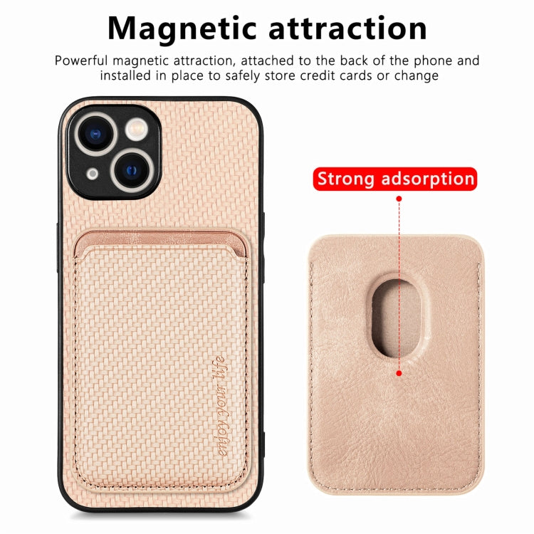 For iPhone 15 Carbon Fiber Leather Card Magsafe Phone Case(Khaki) by bashfashion