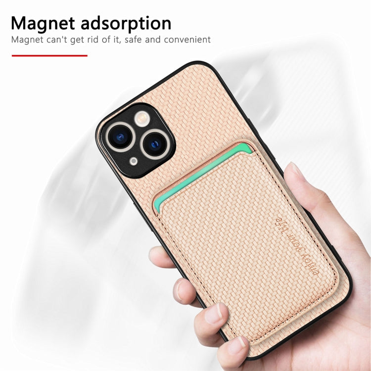 For iPhone 15 Carbon Fiber Leather Card Magsafe Phone Case(Khaki) by bashfashion