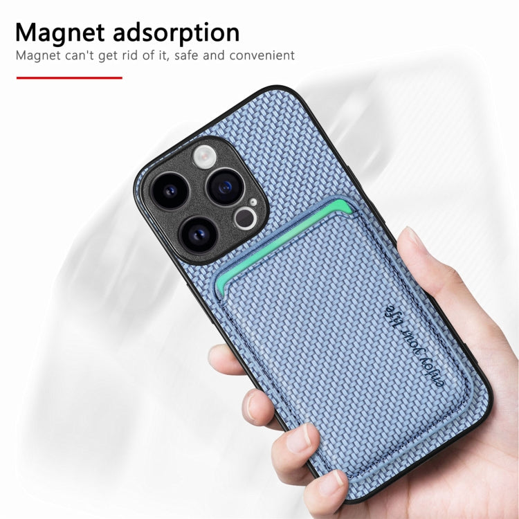 For iPhone 15 Pro Carbon Fiber Leather Card Magsafe Phone Case(Blue) by bashfashion