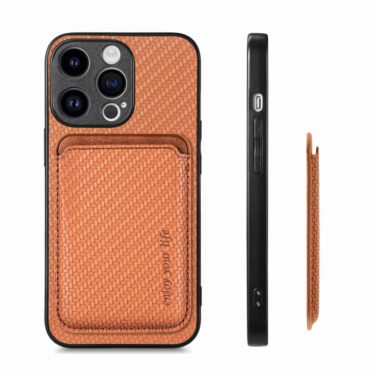 For iPhone 15 Pro Carbon Fiber Leather Card Magsafe Phone Case(Brown) by bashfashion