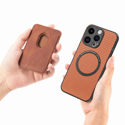 For iPhone 15 Pro Carbon Fiber Leather Card Magsafe Phone Case(Brown) by bashfashion