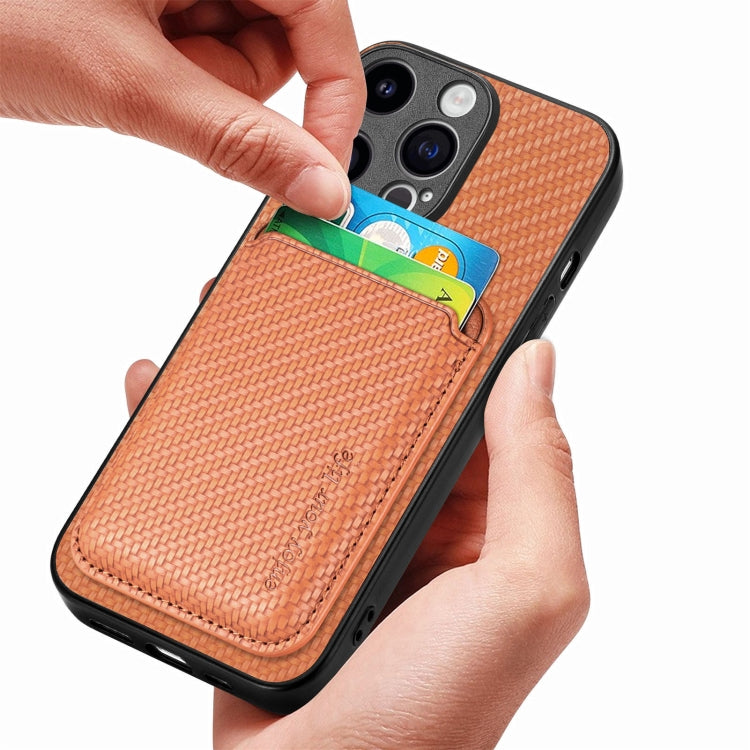 For iPhone 15 Pro Carbon Fiber Leather Card Magsafe Phone Case(Brown) by bashfashion