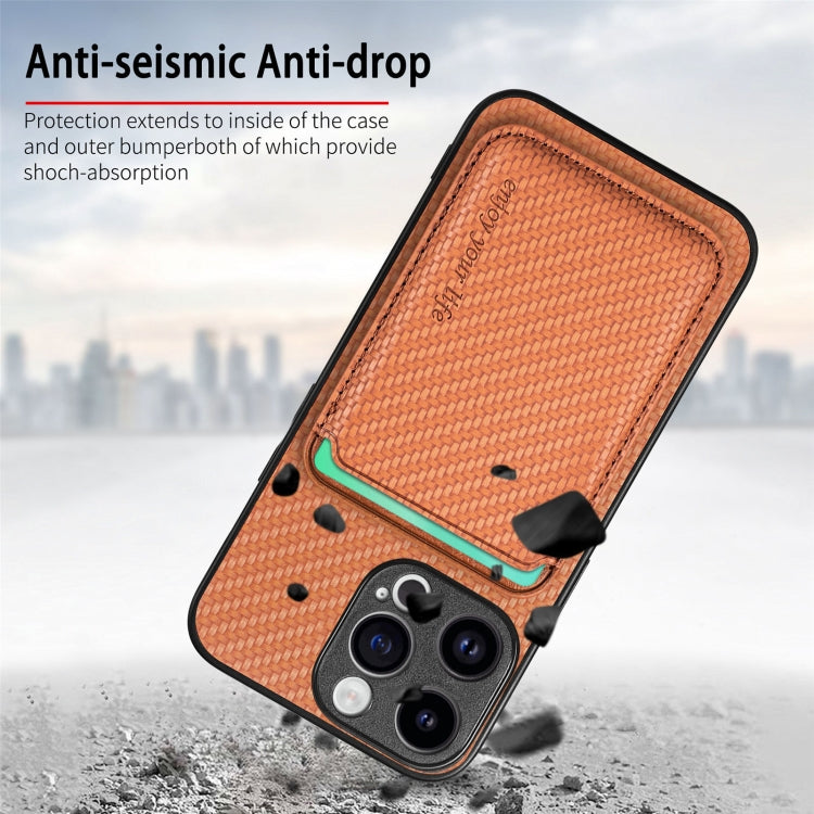 For iPhone 15 Pro Carbon Fiber Leather Card Magsafe Phone Case(Brown) by bashfashion