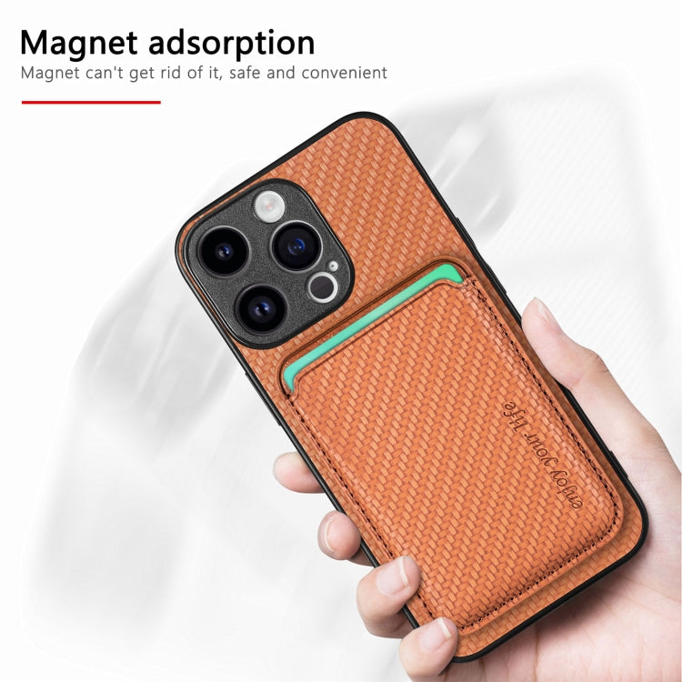 For iPhone 15 Pro Carbon Fiber Leather Card Magsafe Phone Case(Brown) by bashfashion