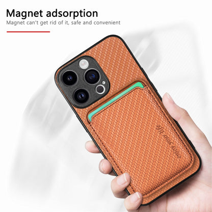 For iPhone 15 Pro Carbon Fiber Leather Card Magsafe Phone Case(Brown) by bashfashion