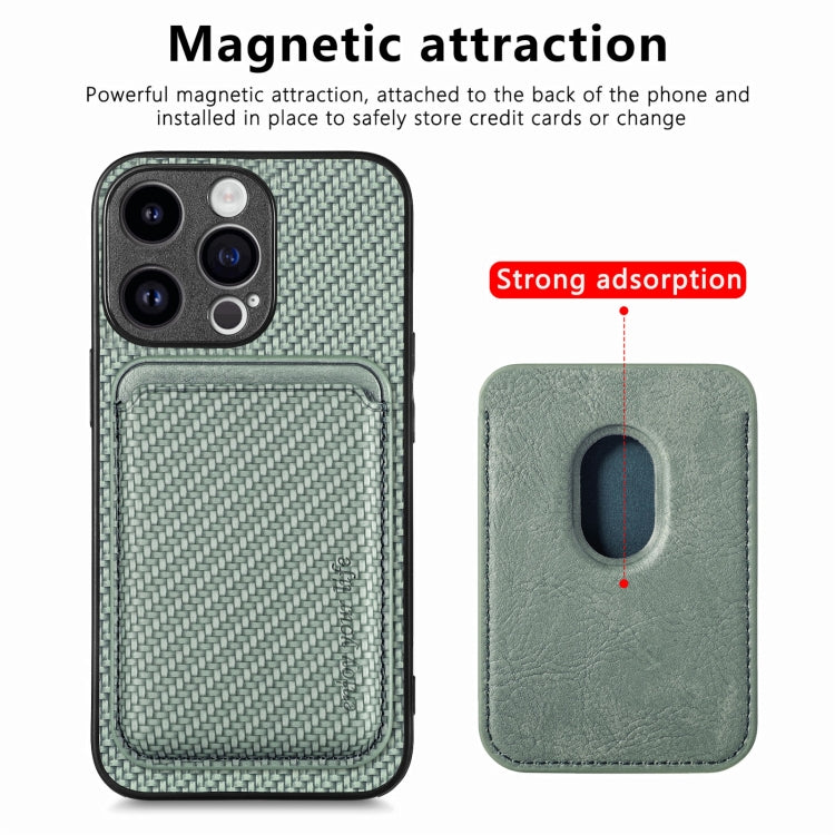 For iPhone 15 Pro Carbon Fiber Leather Card Magsafe Phone Case(Green) by bashfashion