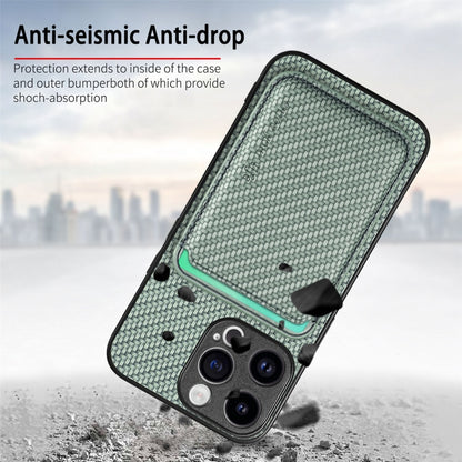 For iPhone 15 Pro Carbon Fiber Leather Card Magsafe Phone Case(Green) by bashfashion