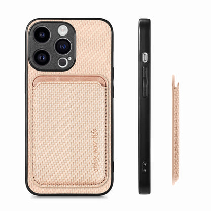 For iPhone 15 Pro Carbon Fiber Leather Card Magsafe Phone Case(Khaki) by bashfashion