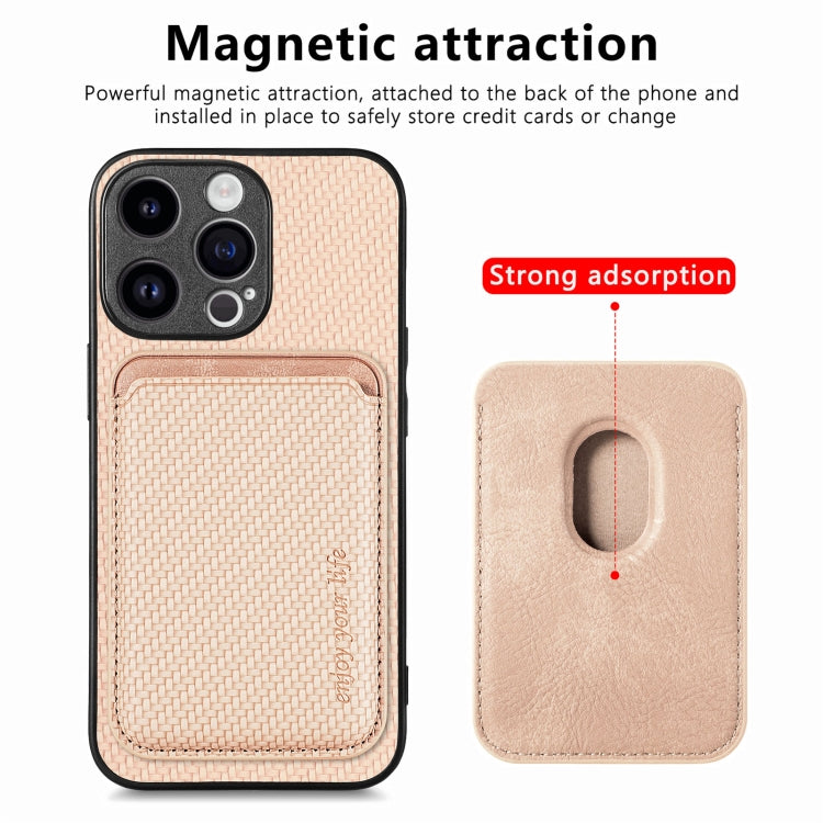 For iPhone 15 Pro Carbon Fiber Leather Card Magsafe Phone Case(Khaki) by bashfashion