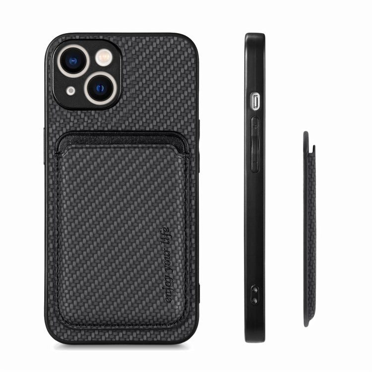 For iPhone 15 Plus Carbon Fiber Leather Card Magsafe Phone Case(Black) by bashfashion