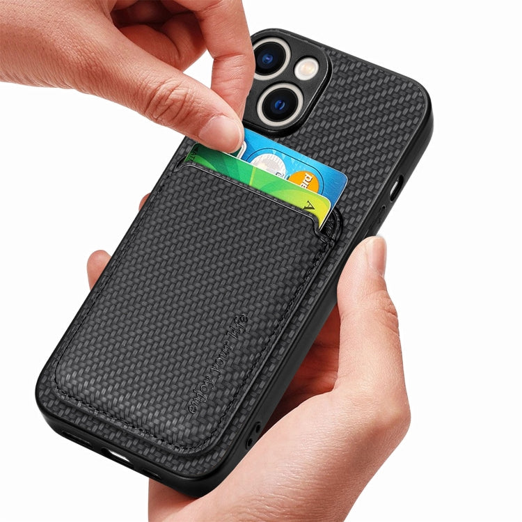 For iPhone 15 Plus Carbon Fiber Leather Card Magsafe Phone Case(Black) by bashfashion