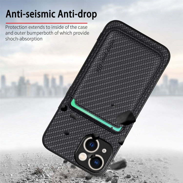 For iPhone 15 Plus Carbon Fiber Leather Card Magsafe Phone Case(Black) by bashfashion