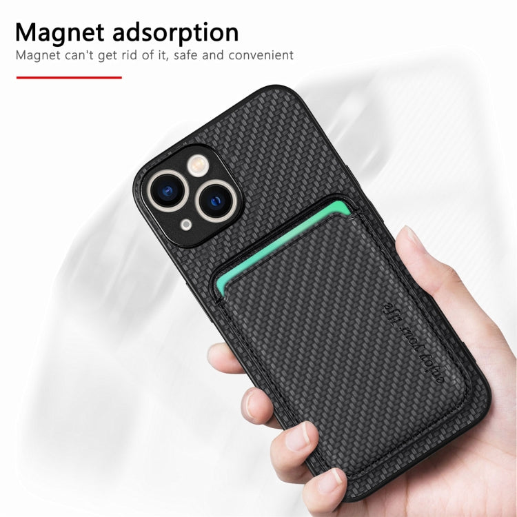For iPhone 15 Plus Carbon Fiber Leather Card Magsafe Phone Case(Black) by bashfashion