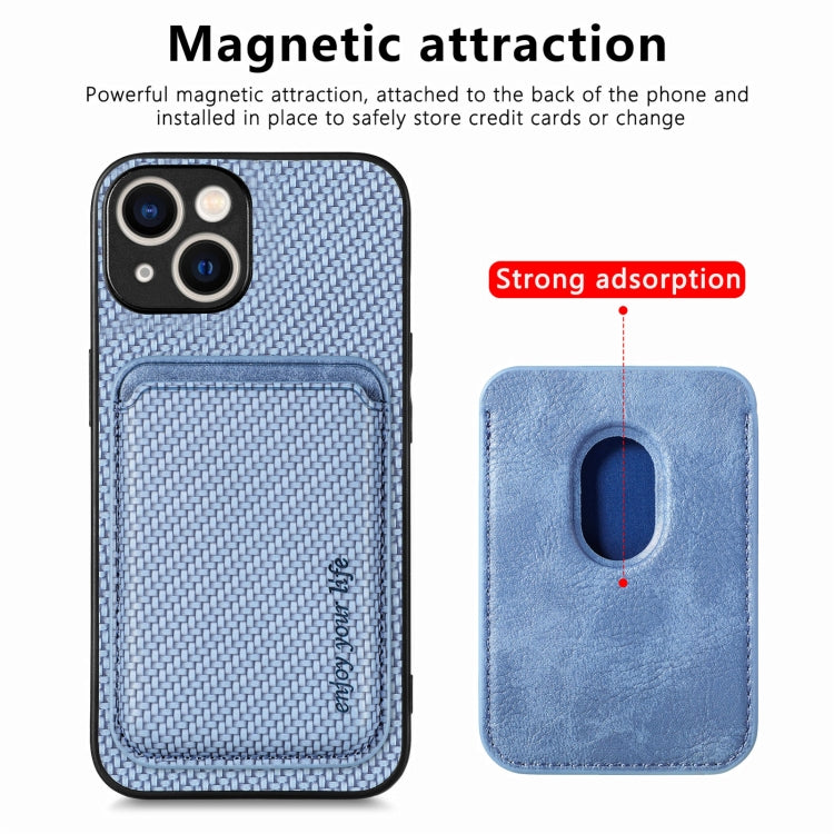 For iPhone 15 Plus Carbon Fiber Leather Card Magsafe Phone Case(Blue) by bashfashion