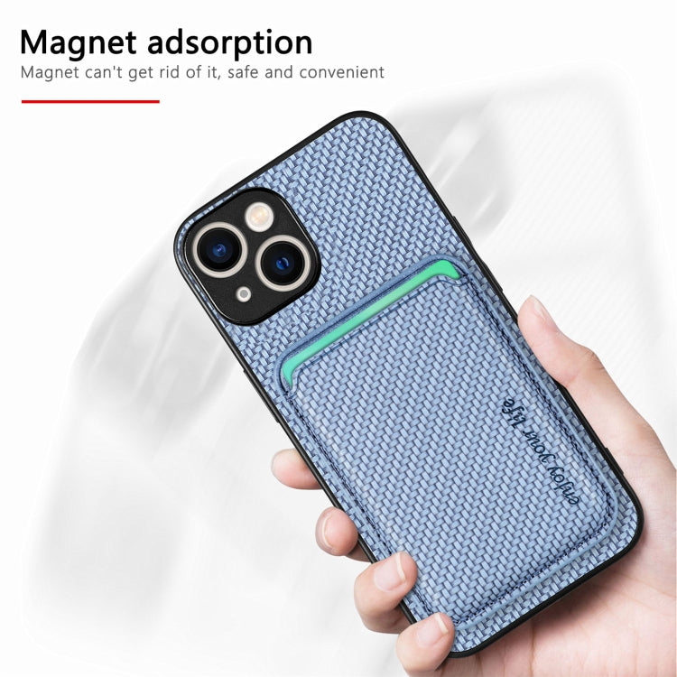 For iPhone 15 Plus Carbon Fiber Leather Card Magsafe Phone Case(Blue) by bashfashion