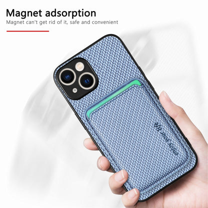 For iPhone 15 Plus Carbon Fiber Leather Card Magsafe Phone Case(Blue) by bashfashion