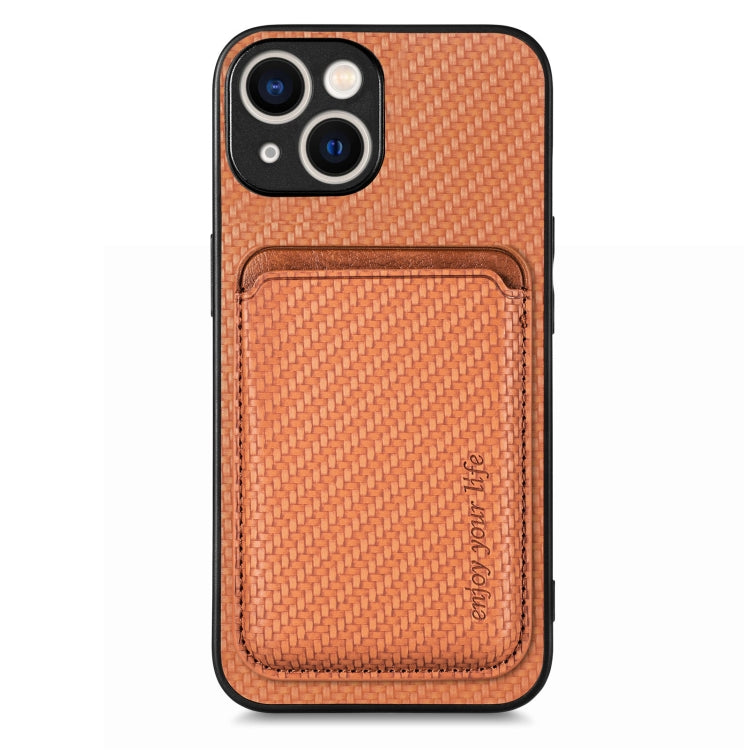 For iPhone 15 Plus Carbon Fiber Leather Card Magsafe Phone Case(Brown) by bashfashion