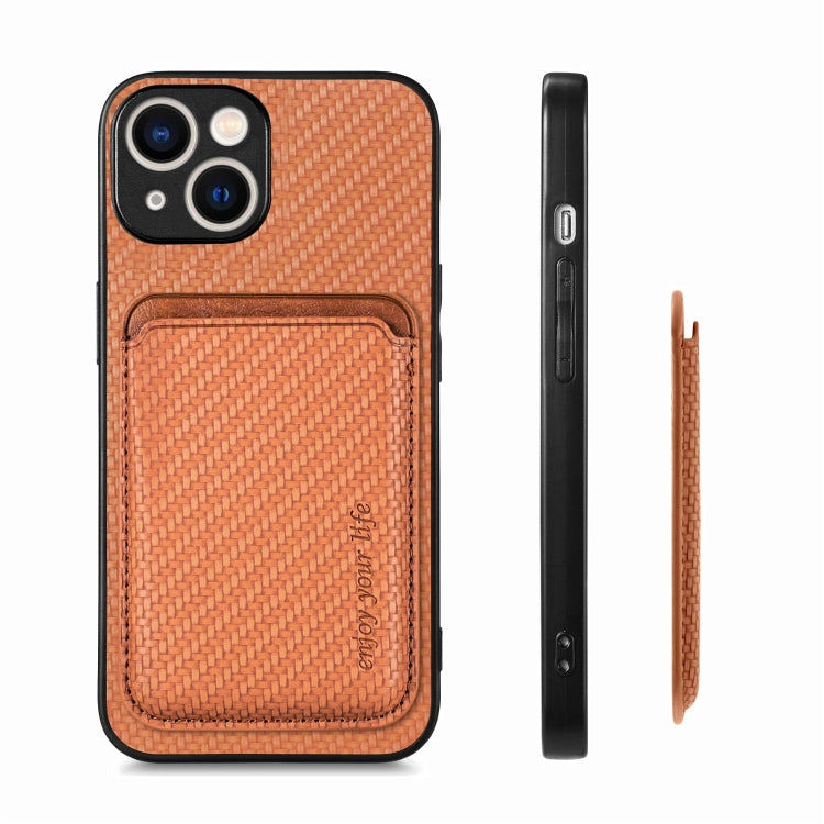 For iPhone 15 Plus Carbon Fiber Leather Card Magsafe Phone Case(Brown) by bashfashion