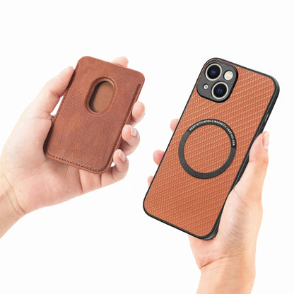 For iPhone 15 Plus Carbon Fiber Leather Card Magsafe Phone Case(Brown) by bashfashion
