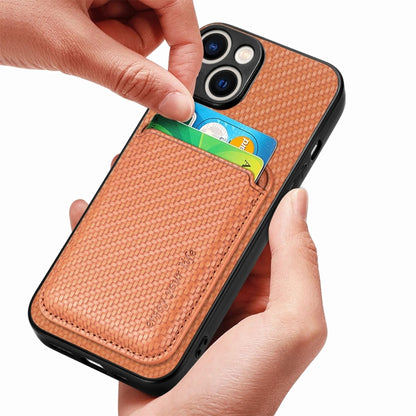 For iPhone 15 Plus Carbon Fiber Leather Card Magsafe Phone Case(Brown) by bashfashion
