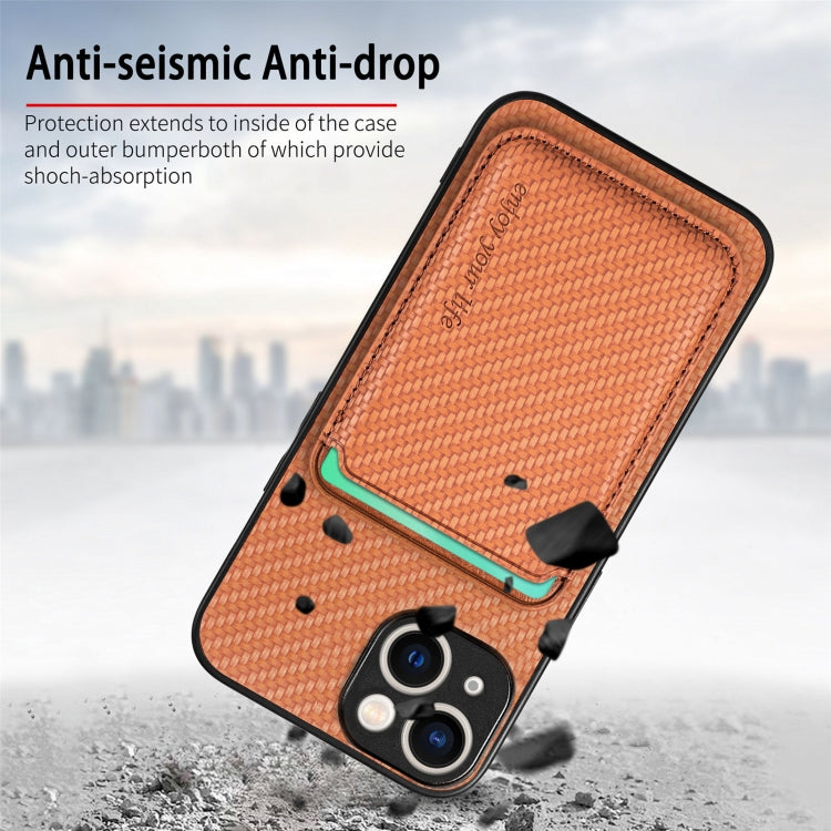 For iPhone 15 Plus Carbon Fiber Leather Card Magsafe Phone Case(Brown) by bashfashion