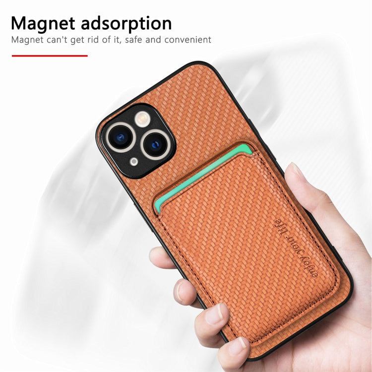 For iPhone 15 Plus Carbon Fiber Leather Card Magsafe Phone Case(Brown) by bashfashion