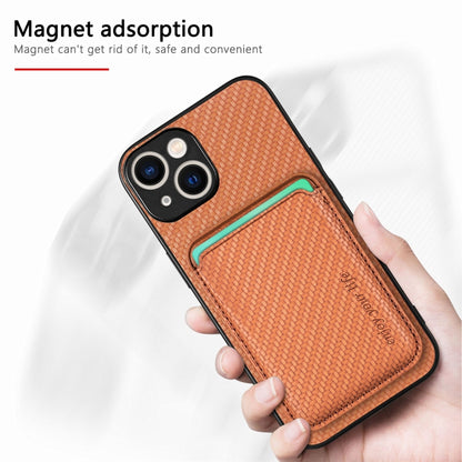 For iPhone 15 Plus Carbon Fiber Leather Card Magsafe Phone Case(Brown) by bashfashion
