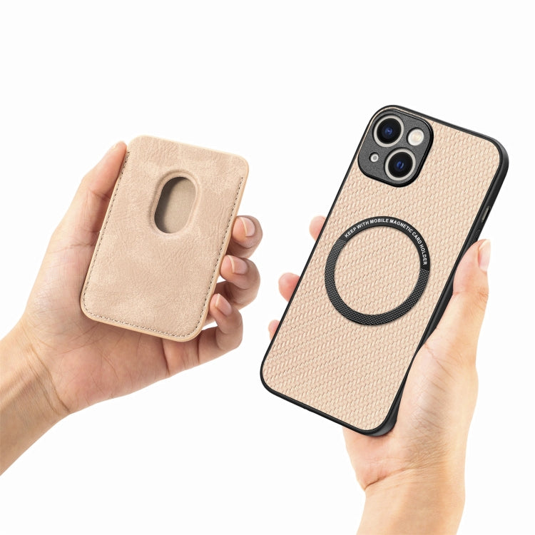 For iPhone 15 Plus Carbon Fiber Leather Card Magsafe Phone Case(Khaki) by bashfashion