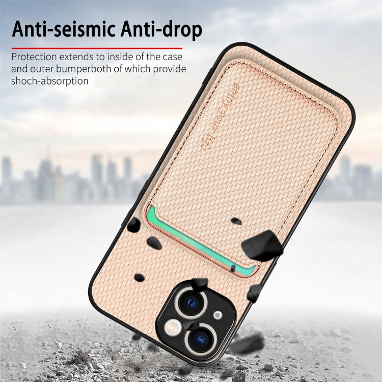 For iPhone 15 Plus Carbon Fiber Leather Card Magsafe Phone Case(Khaki) by bashfashion