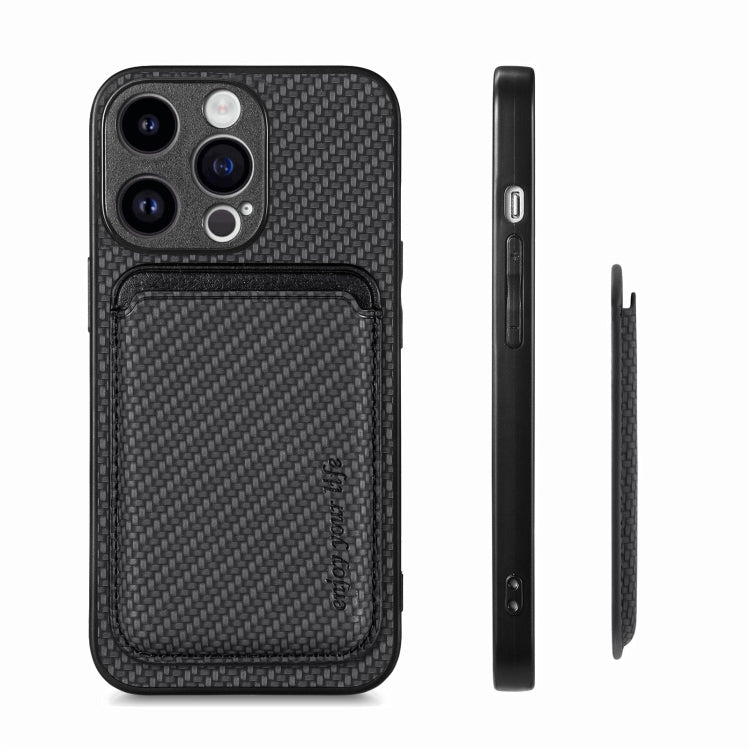 For iPhone 15 Pro Max Carbon Fiber Leather Card Magsafe Phone Case(Black) by bashfashion