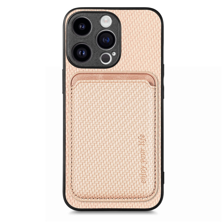 For iPhone 15 Pro Max Carbon Fiber Leather Card Magsafe Phone Case(Khaki) by bashfashion