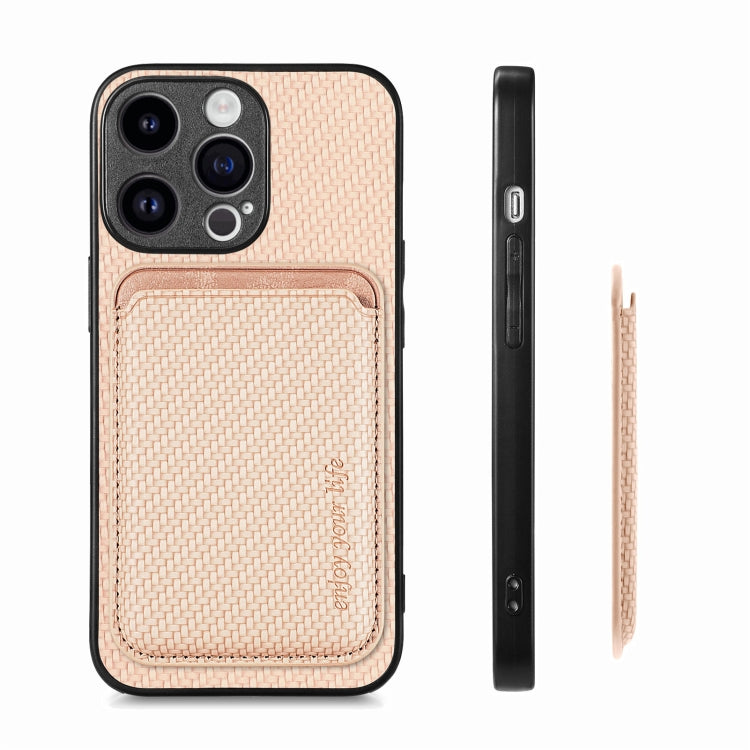 For iPhone 15 Pro Max Carbon Fiber Leather Card Magsafe Phone Case(Khaki) by bashfashion